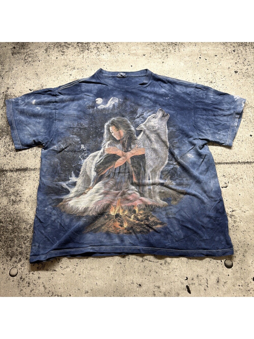Vtg Native American Woman The Mountain T-Shirt XL Tie Dye Wolf Howling Moon Tee